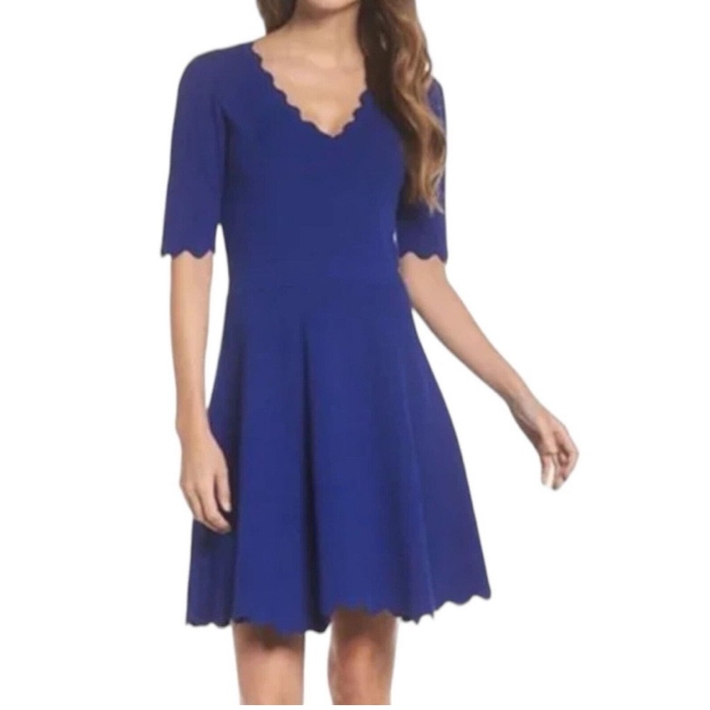new Eliza J v neck lightweight Blue Scalloped sweater dress short 3/4 sleeve